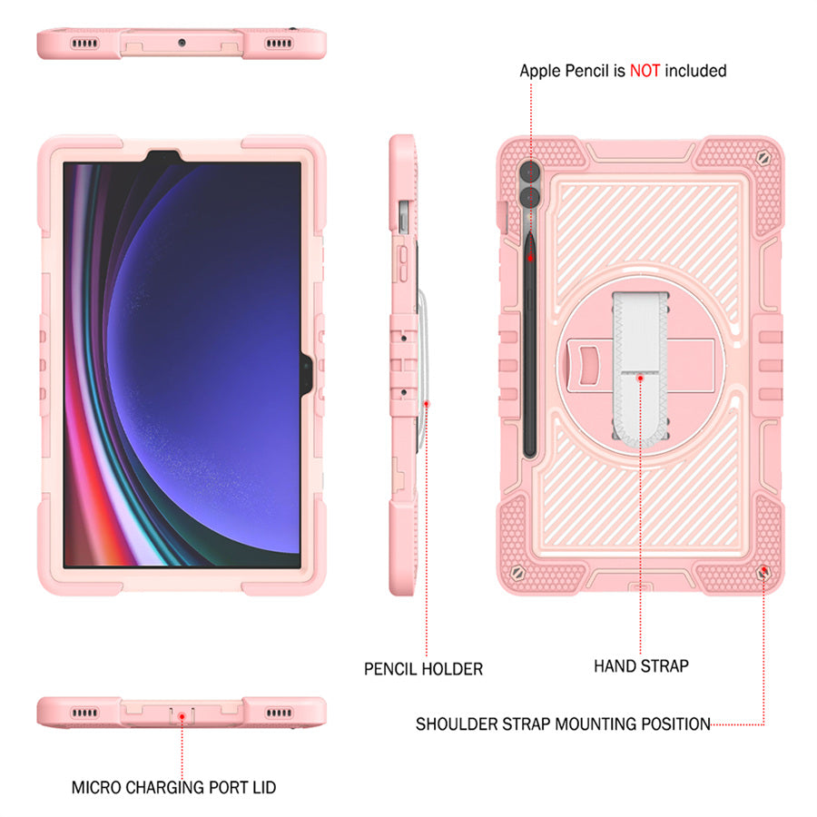 Protective Kickstand Case for Samsung Galaxy Tab S9+ Anti-Drop Silicone+PC Tablet Cover with Wrist Band / Shoulder Strap