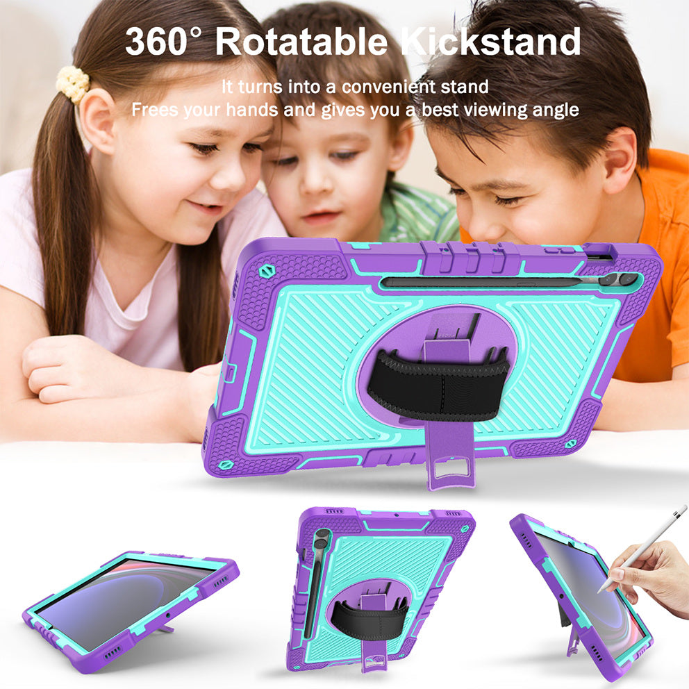 Protective Kickstand Case for Samsung Galaxy Tab S9+ Anti-Drop Silicone+PC Tablet Cover with Wrist Band / Shoulder Strap
