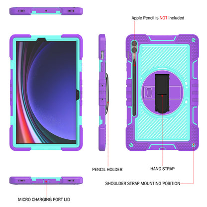 Protective Kickstand Case for Samsung Galaxy Tab S9+ Anti-Drop Silicone+PC Tablet Cover with Wrist Band / Shoulder Strap