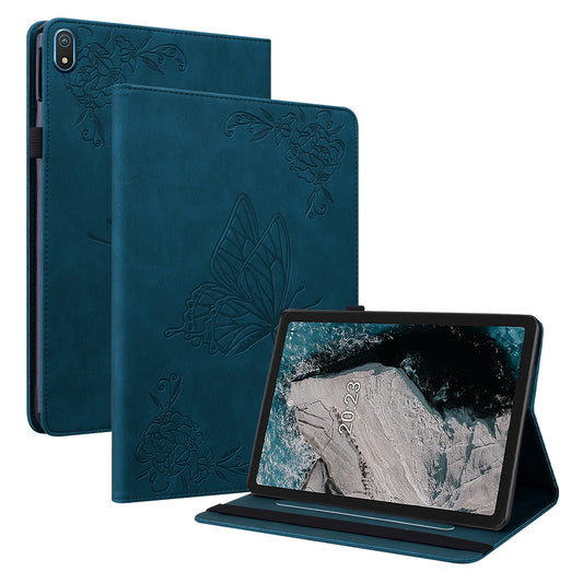 Anti-drop Tablet Case for Nokia T20 PU Leather Butterfly Flower Imprinted Card Holder Stand Cover