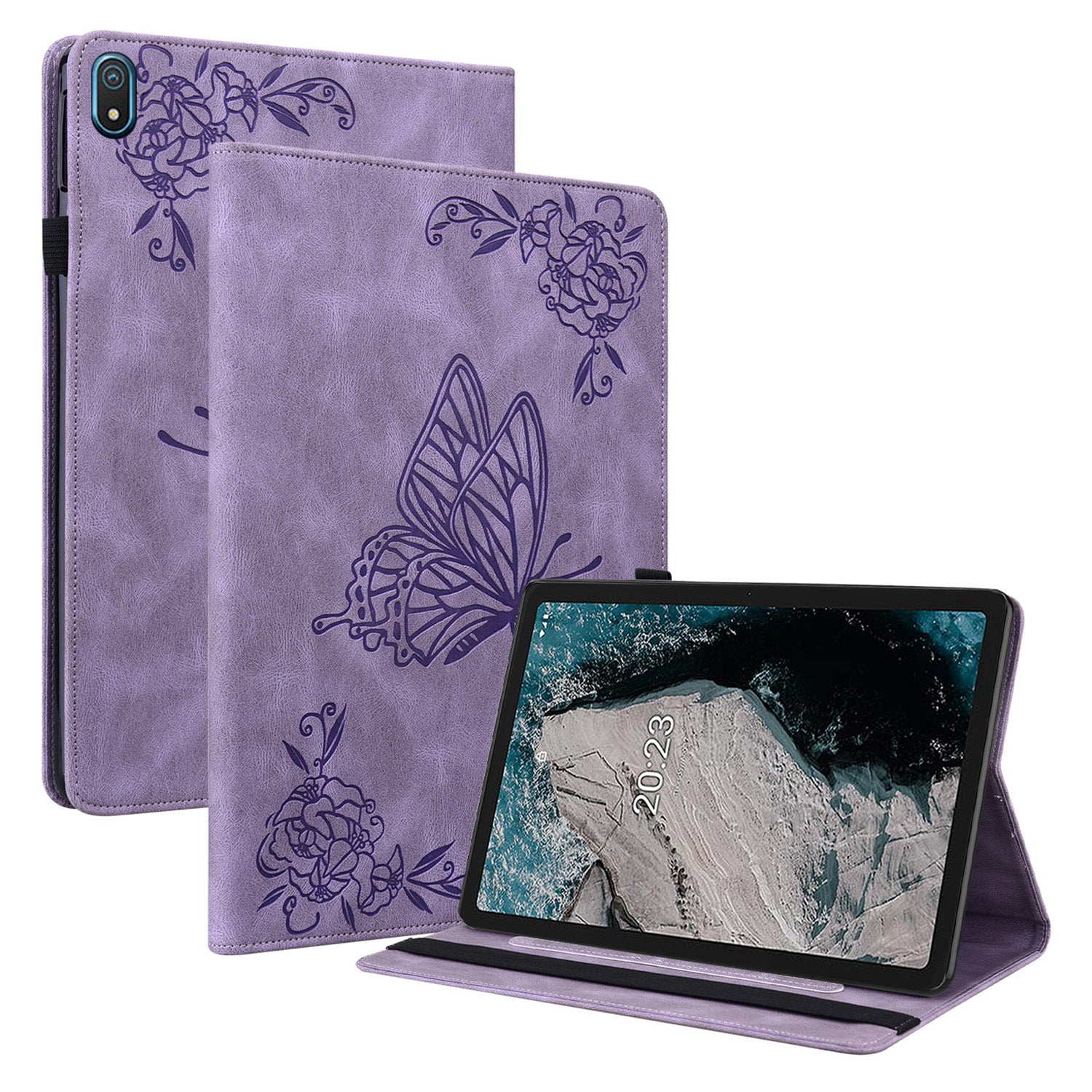 Anti-drop Tablet Case for Nokia T20 PU Leather Butterfly Flower Imprinted Card Holder Stand Cover