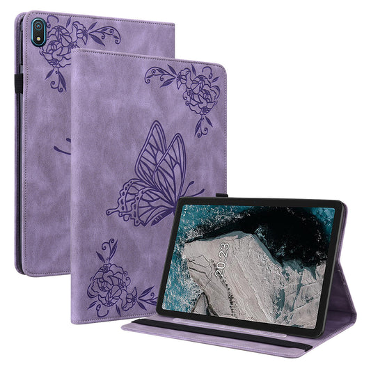 Anti-drop Tablet Case for Nokia T20 PU Leather Butterfly Flower Imprinted Card Holder Stand Cover