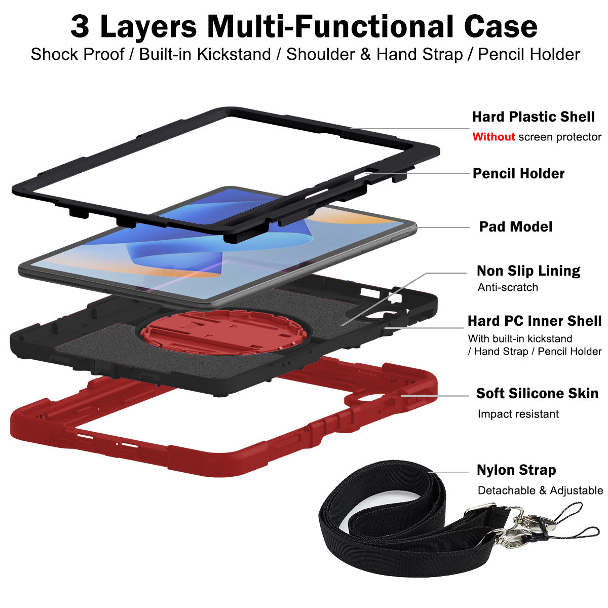 Silicone + PC Tablet Cover for Huawei MatePad 11 (2023) Shockproof Kickstand Cover with Wrist Band  /  Shoulder Strap