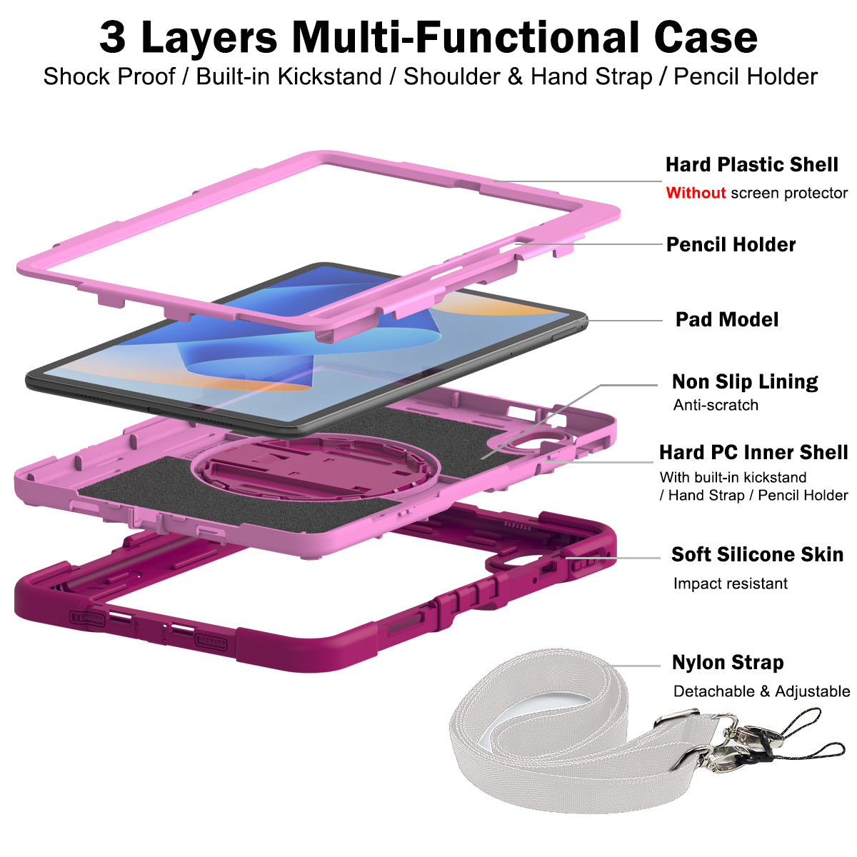 Silicone + PC Tablet Cover for Huawei MatePad 11 (2023) Shockproof Kickstand Cover with Wrist Band  /  Shoulder Strap