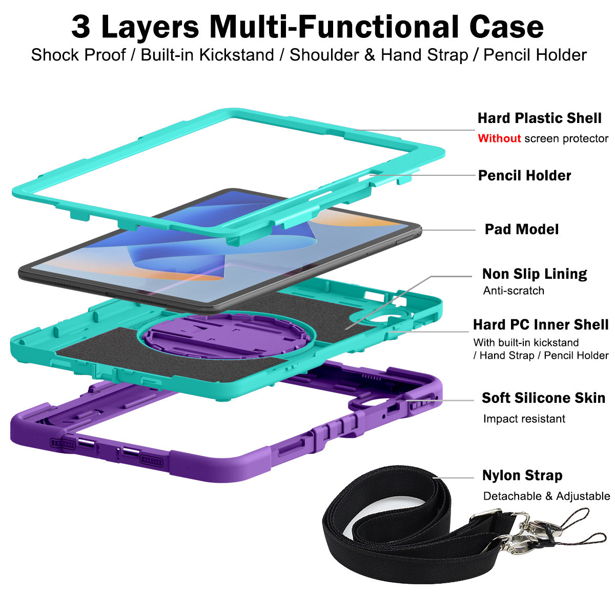 Silicone + PC Tablet Cover for Huawei MatePad 11 (2023) Shockproof Kickstand Cover with Wrist Band  /  Shoulder Strap