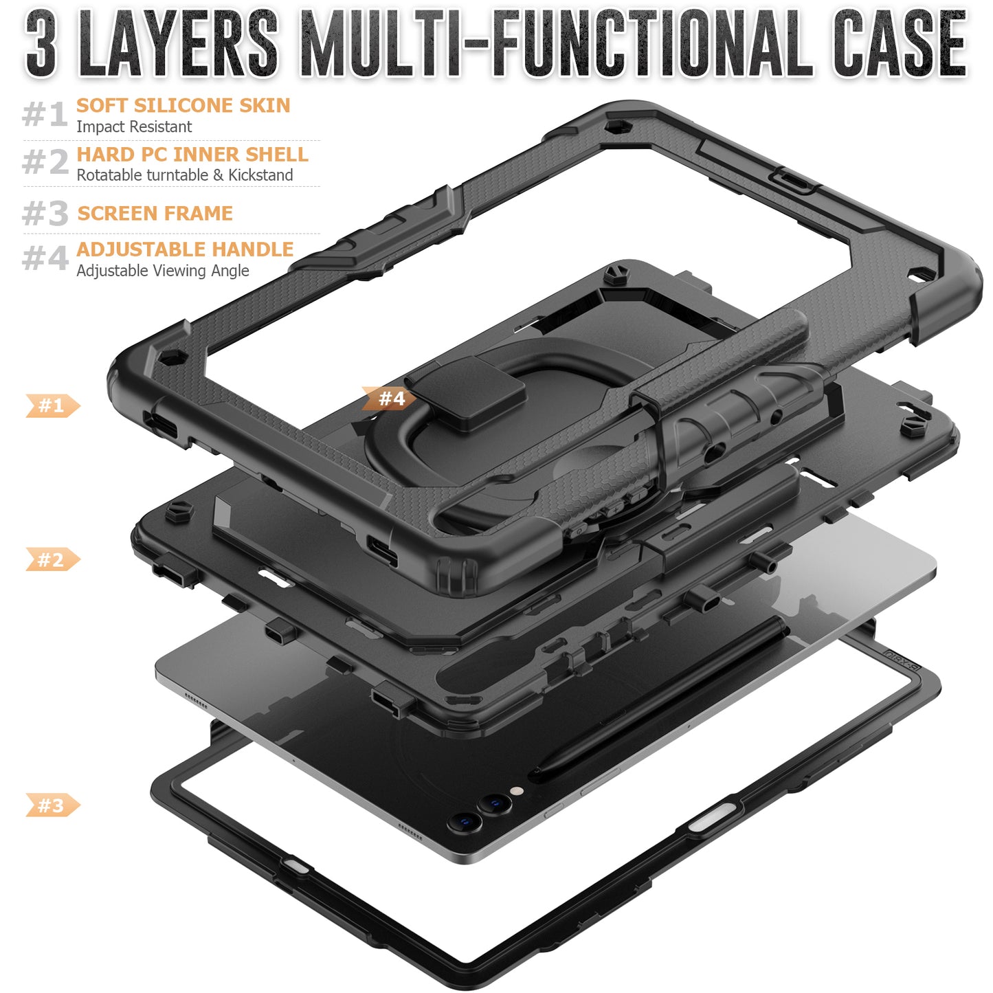 For Samsung Samsung Galaxy Tab S9+ SM-X810 / X816B / X818U PC+Silicone Tablet Case Hand Grip Kickstand Cover with Shoulder Strap