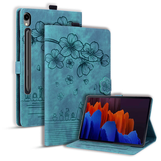 For Samsung Galaxy Tab S9 Card Holder Leather Anti-drop Cover Flower Cat Imprint Tablet Stand Case