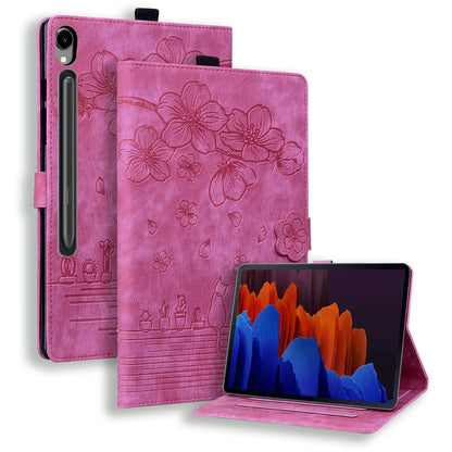 For Samsung Galaxy Tab S9 Card Holder Leather Anti-drop Cover Flower Cat Imprint Tablet Stand Case