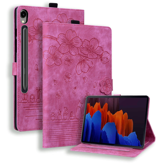 For Samsung Galaxy Tab S9 Card Holder Leather Anti-drop Cover Flower Cat Imprint Tablet Stand Case