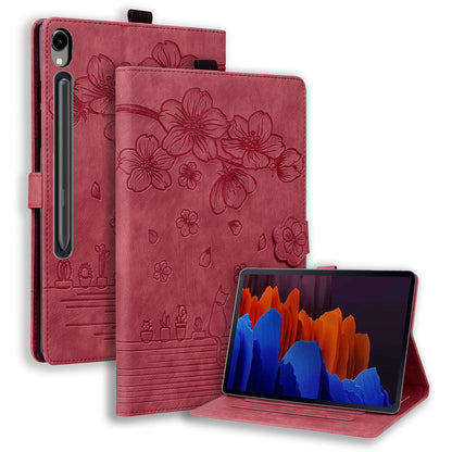 For Samsung Galaxy Tab S9 Card Holder Leather Anti-drop Cover Flower Cat Imprint Tablet Stand Case
