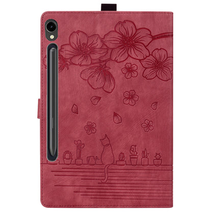 For Samsung Galaxy Tab S9 Card Holder Leather Anti-drop Cover Flower Cat Imprint Tablet Stand Case