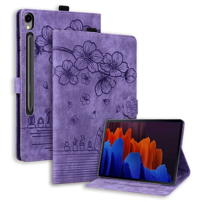For Samsung Galaxy Tab S9 Card Holder Leather Anti-drop Cover Flower Cat Imprint Tablet Stand Case