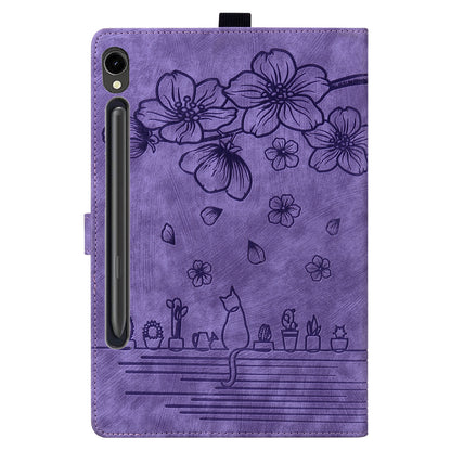 For Samsung Galaxy Tab S9 Card Holder Leather Anti-drop Cover Flower Cat Imprint Tablet Stand Case