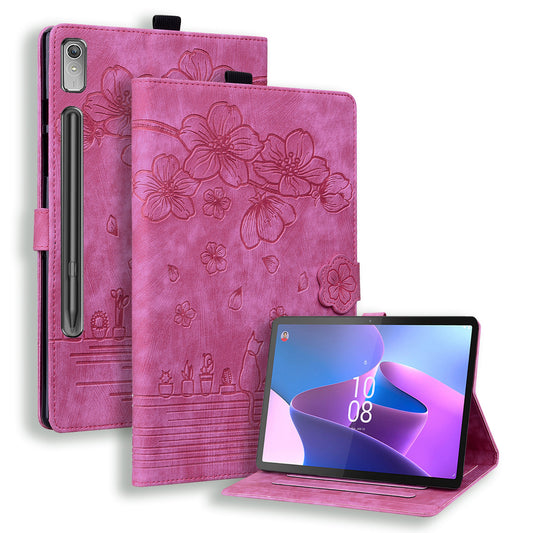 For Lenovo Tab P12 Card Slots PU Leather Tablet Stand Case Flower Cat Imprint Tablet Cover