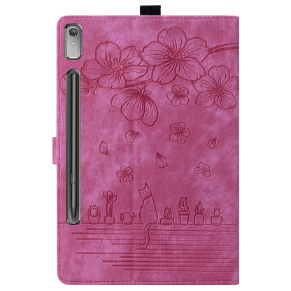 For Lenovo Tab P12 Card Slots PU Leather Tablet Stand Case Flower Cat Imprint Tablet Cover