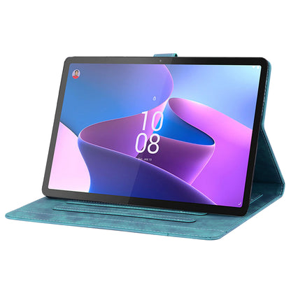 For Lenovo Tab P12 Card Slots PU Leather Tablet Stand Case Flower Cat Imprint Tablet Cover