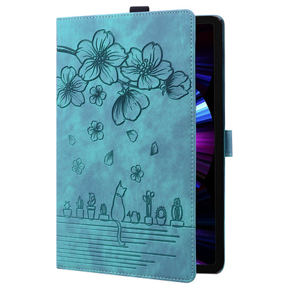 For Lenovo Tab P12 Card Slots PU Leather Tablet Stand Case Flower Cat Imprint Tablet Cover