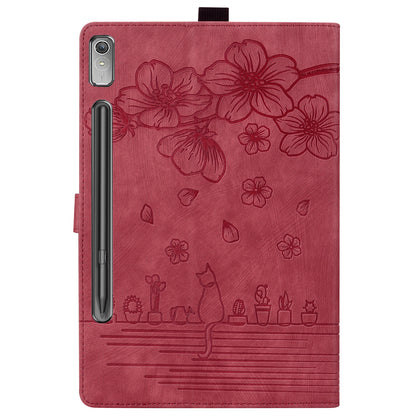 For Lenovo Tab P12 Card Slots PU Leather Tablet Stand Case Flower Cat Imprint Tablet Cover