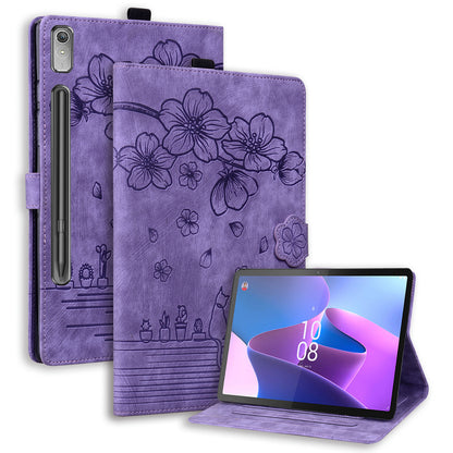 For Lenovo Tab P12 Card Slots PU Leather Tablet Stand Case Flower Cat Imprint Tablet Cover