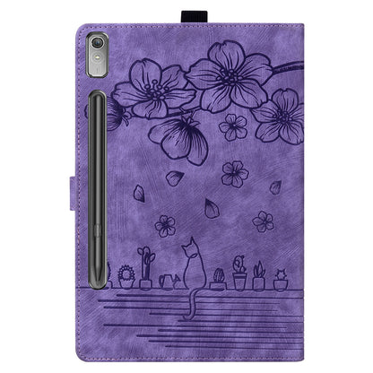 For Lenovo Tab P12 Card Slots PU Leather Tablet Stand Case Flower Cat Imprint Tablet Cover