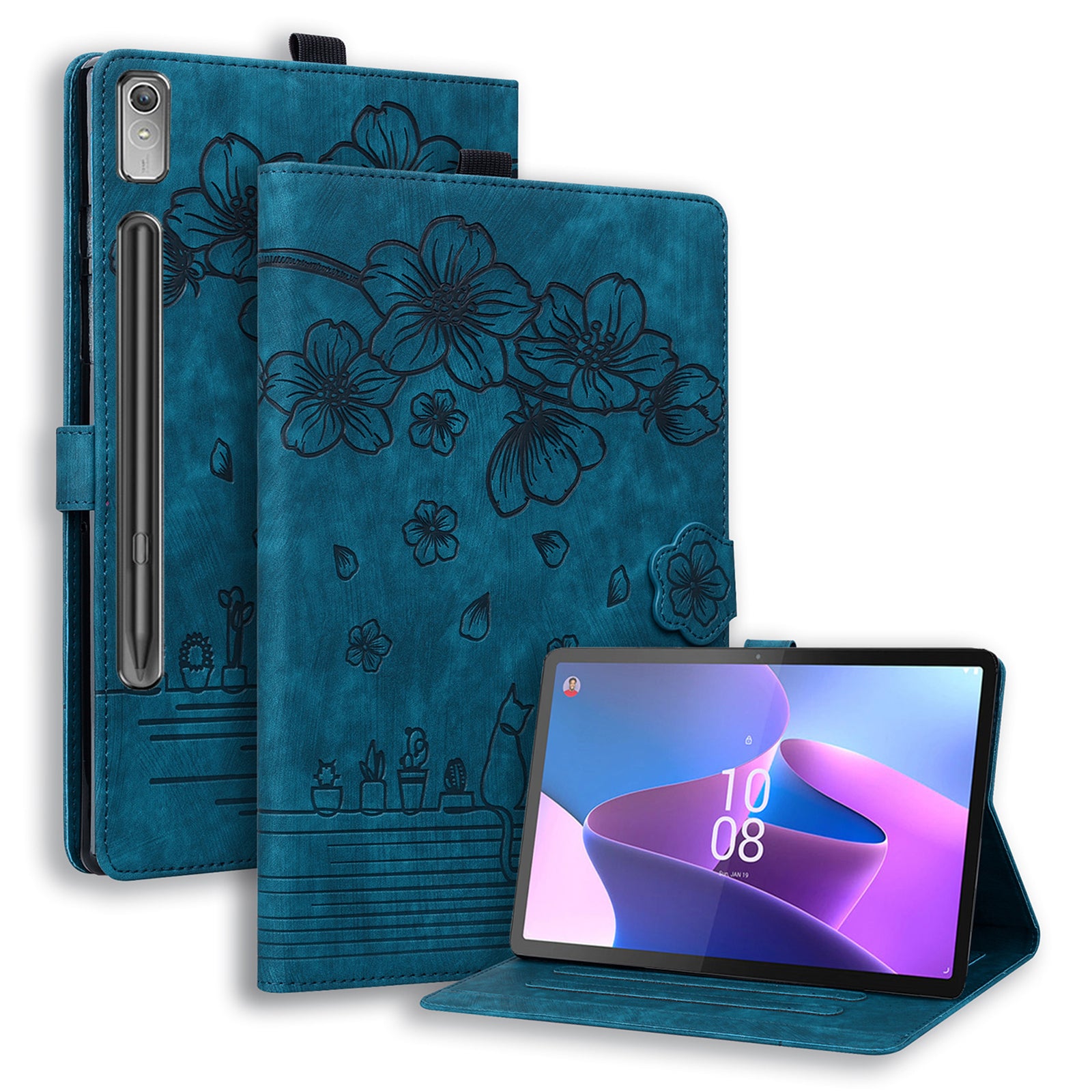 For Lenovo Tab P12 Card Slots PU Leather Tablet Stand Case Flower Cat Imprint Tablet Cover