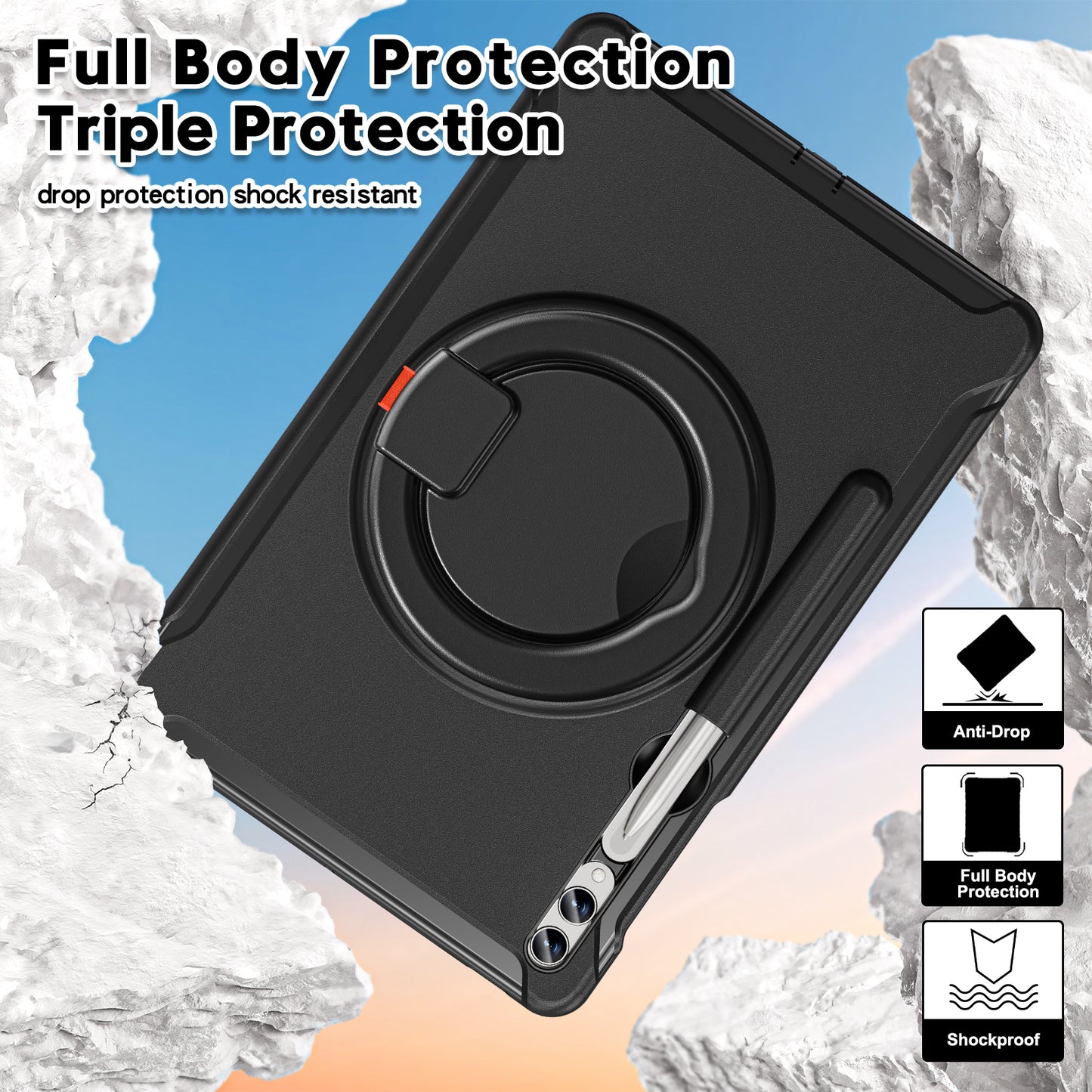 For Samsung Galaxy Tab S9 FE+ / S7+ T970 / Tab S7 FE T730 / Tab S8+ X800 / Tab S9+ X810 Case PC+TPU Rotating Kickstand Tablet Cover with Pen Holder