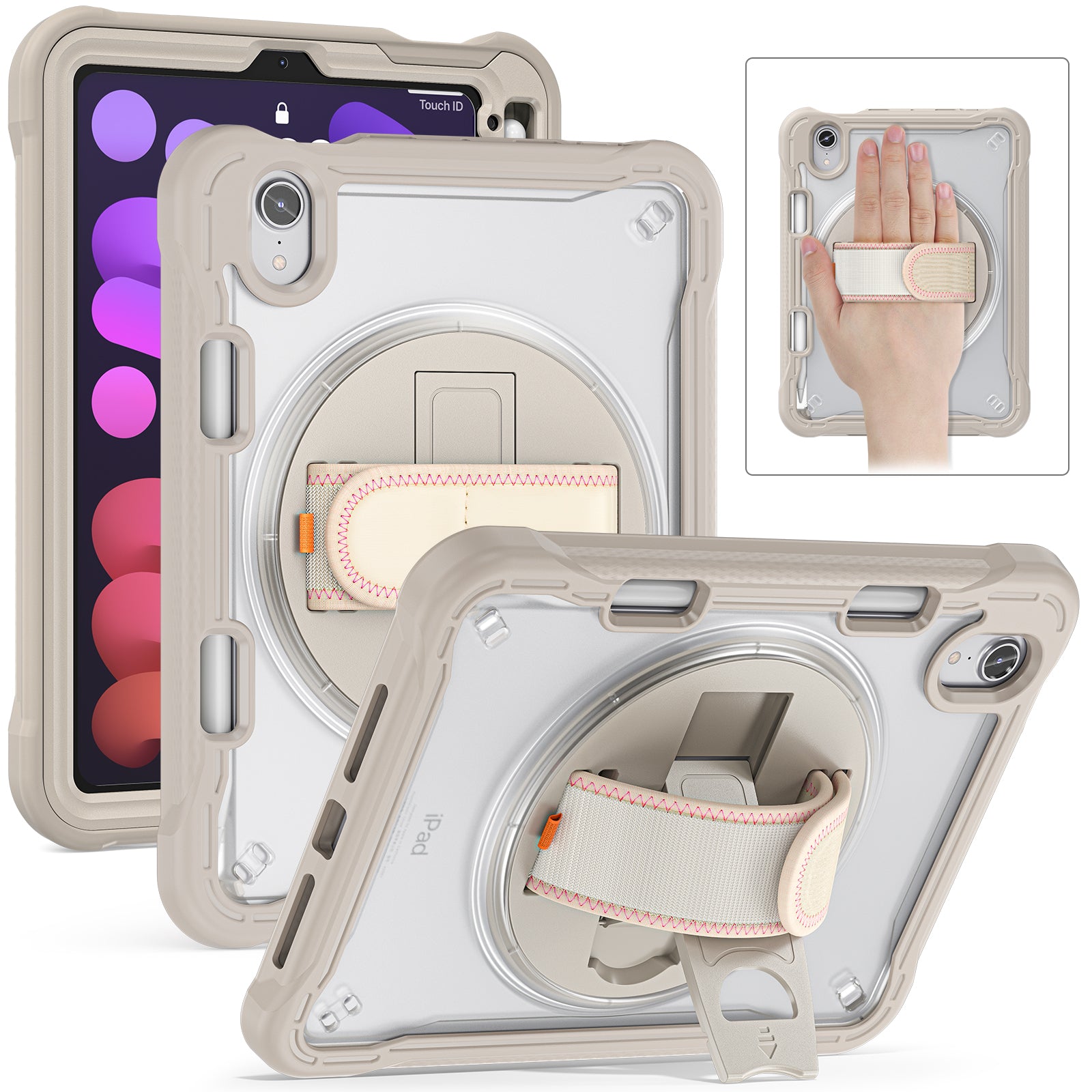 For iPad mini (2021) Protective Cover PC+TPU Kickstand Tablet Case with Hand Strap