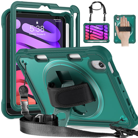 For iPad mini (2021) Tablet Case PC+TPU Kickstand Cover with Shoulder Strap / Hand Strap