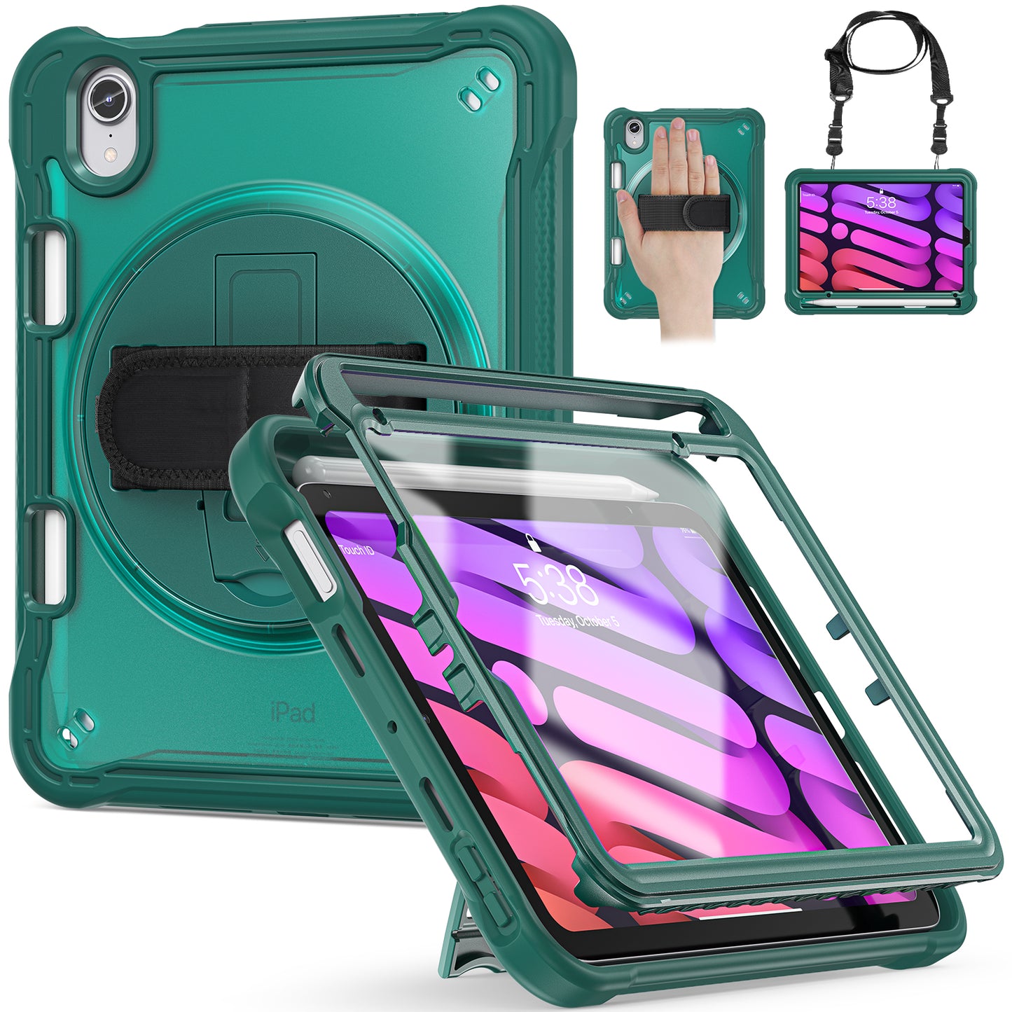 For iPad mini (2021) Tablet Case PC+TPU Kickstand Cover with Shoulder Strap / Hand Strap