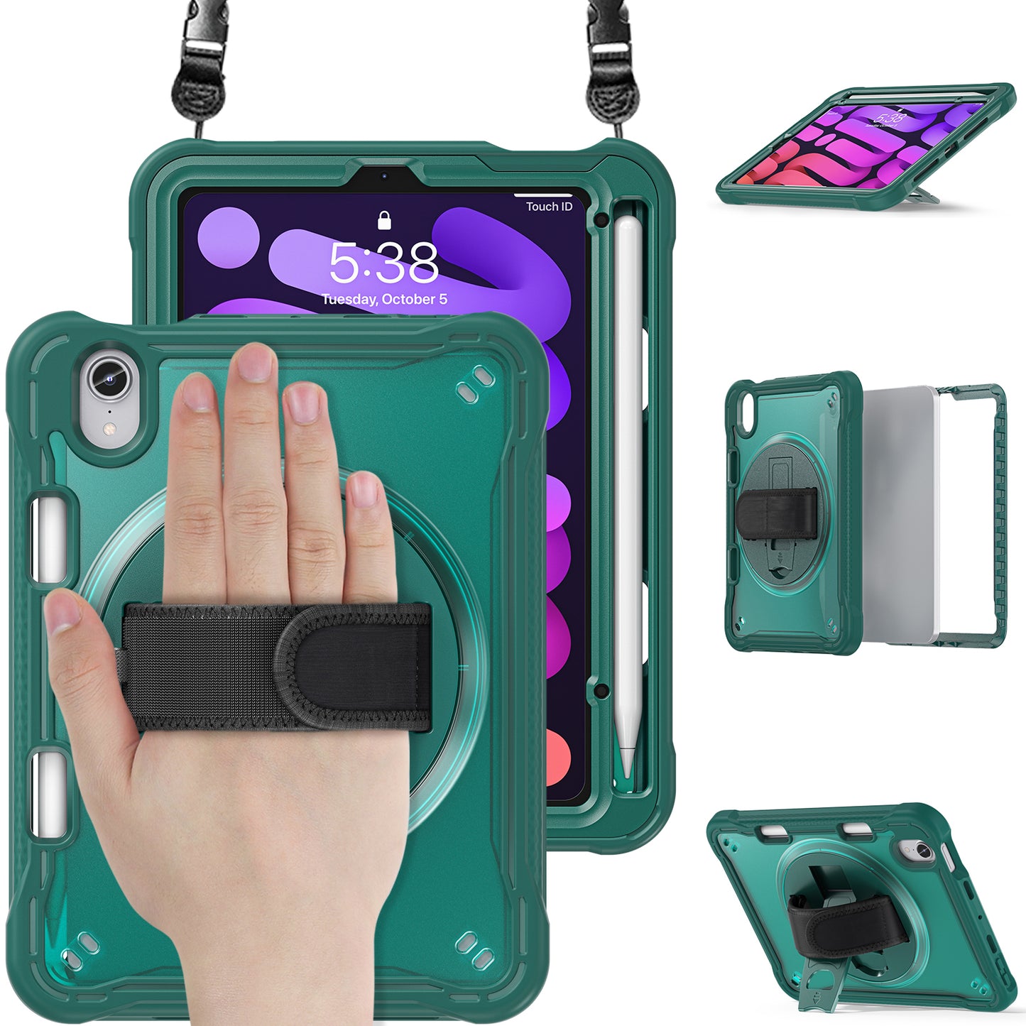 For iPad mini (2021) Tablet Case PC+TPU Kickstand Cover with Shoulder Strap / Hand Strap