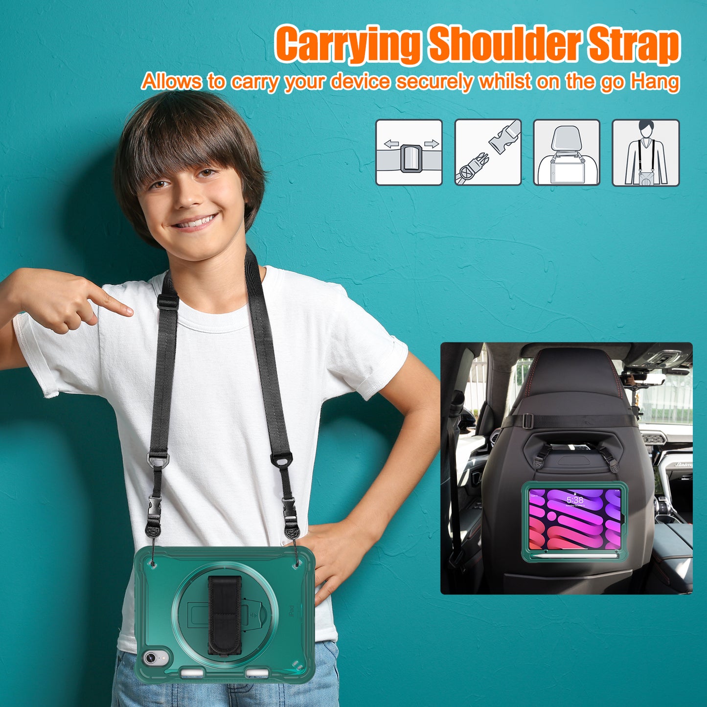 For iPad mini (2021) Tablet Case PC+TPU Kickstand Cover with Shoulder Strap / Hand Strap