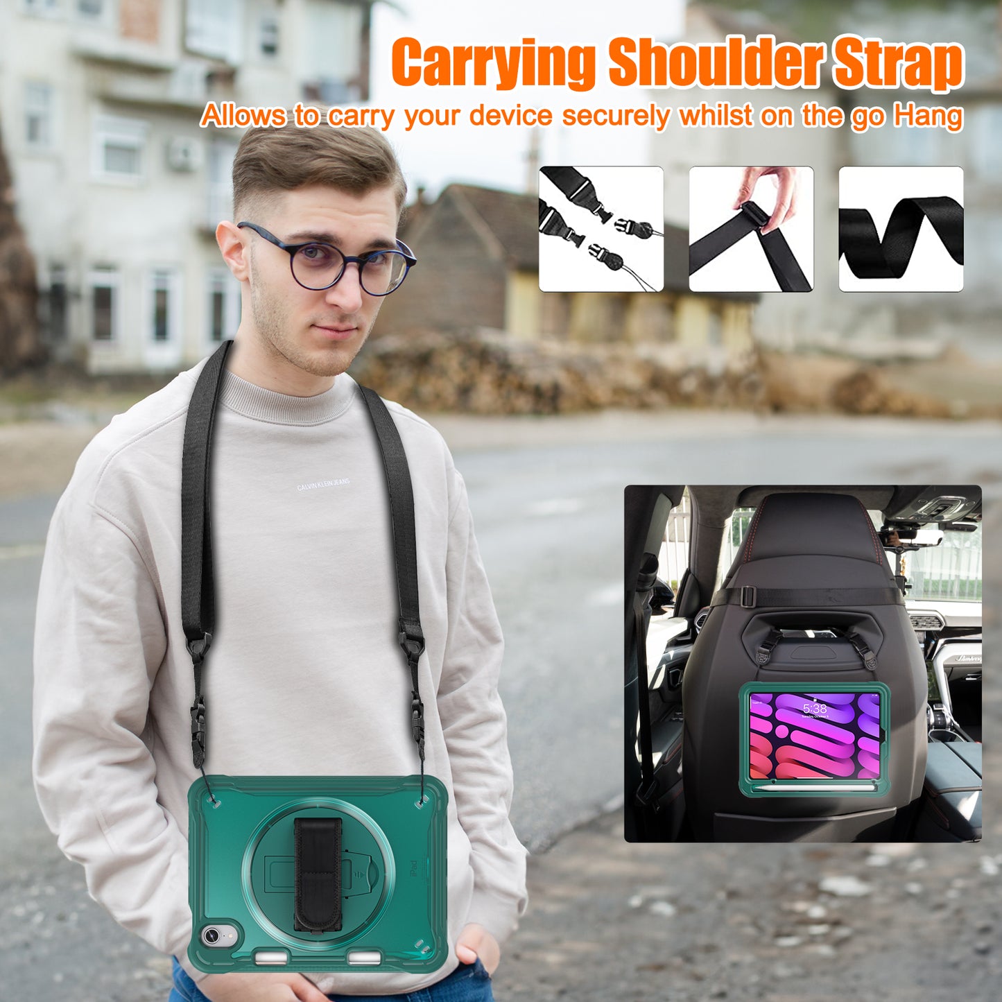 For iPad mini (2021) Tablet Case PC+TPU Kickstand Cover with Shoulder Strap / Hand Strap