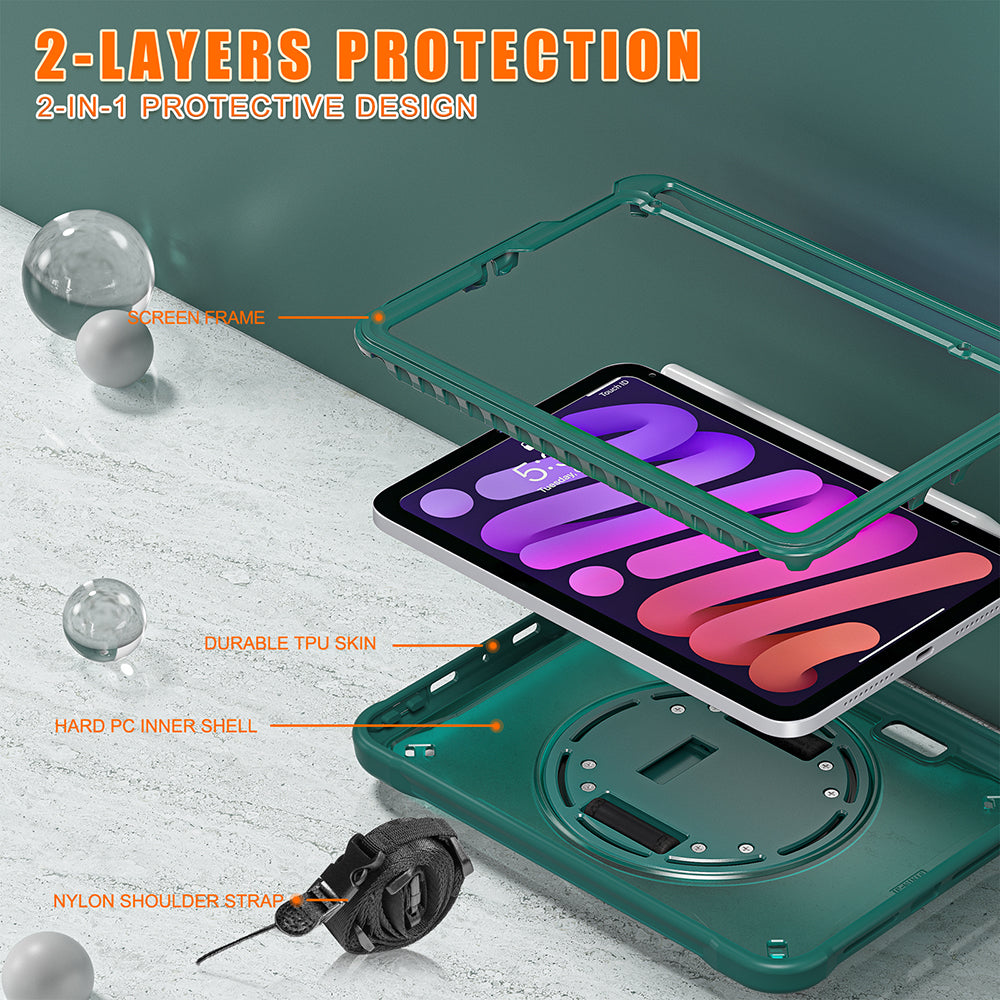 For iPad mini (2021) Tablet Case PC+TPU Kickstand Cover with Shoulder Strap / Hand Strap