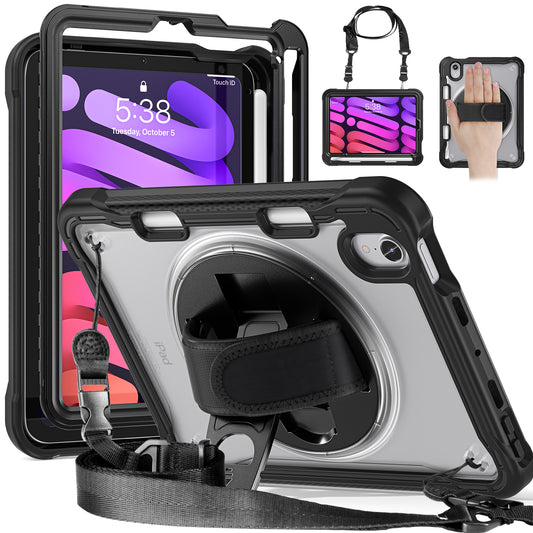 For iPad mini (2021) Tablet Case PC+TPU Kickstand Cover with Shoulder Strap / Hand Strap