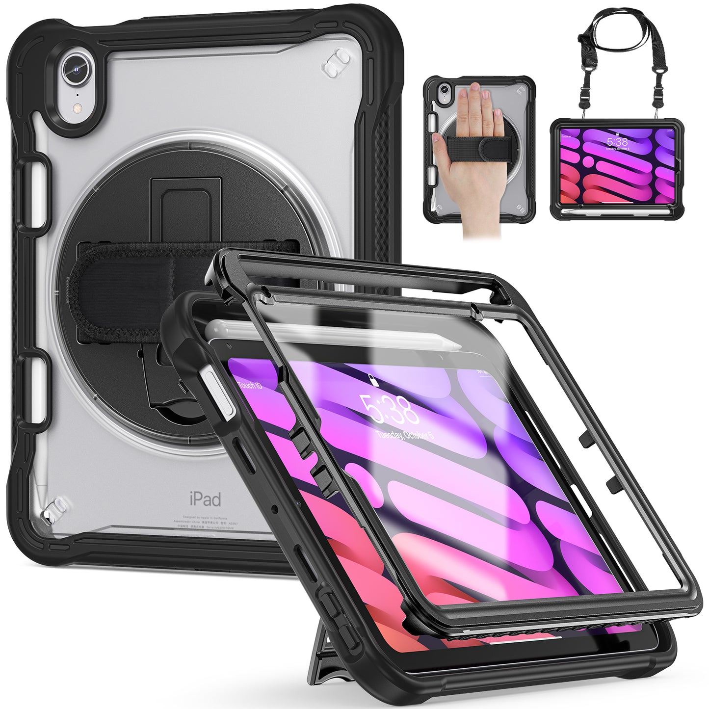 For iPad mini (2021) Tablet Case PC+TPU Kickstand Cover with Shoulder Strap / Hand Strap