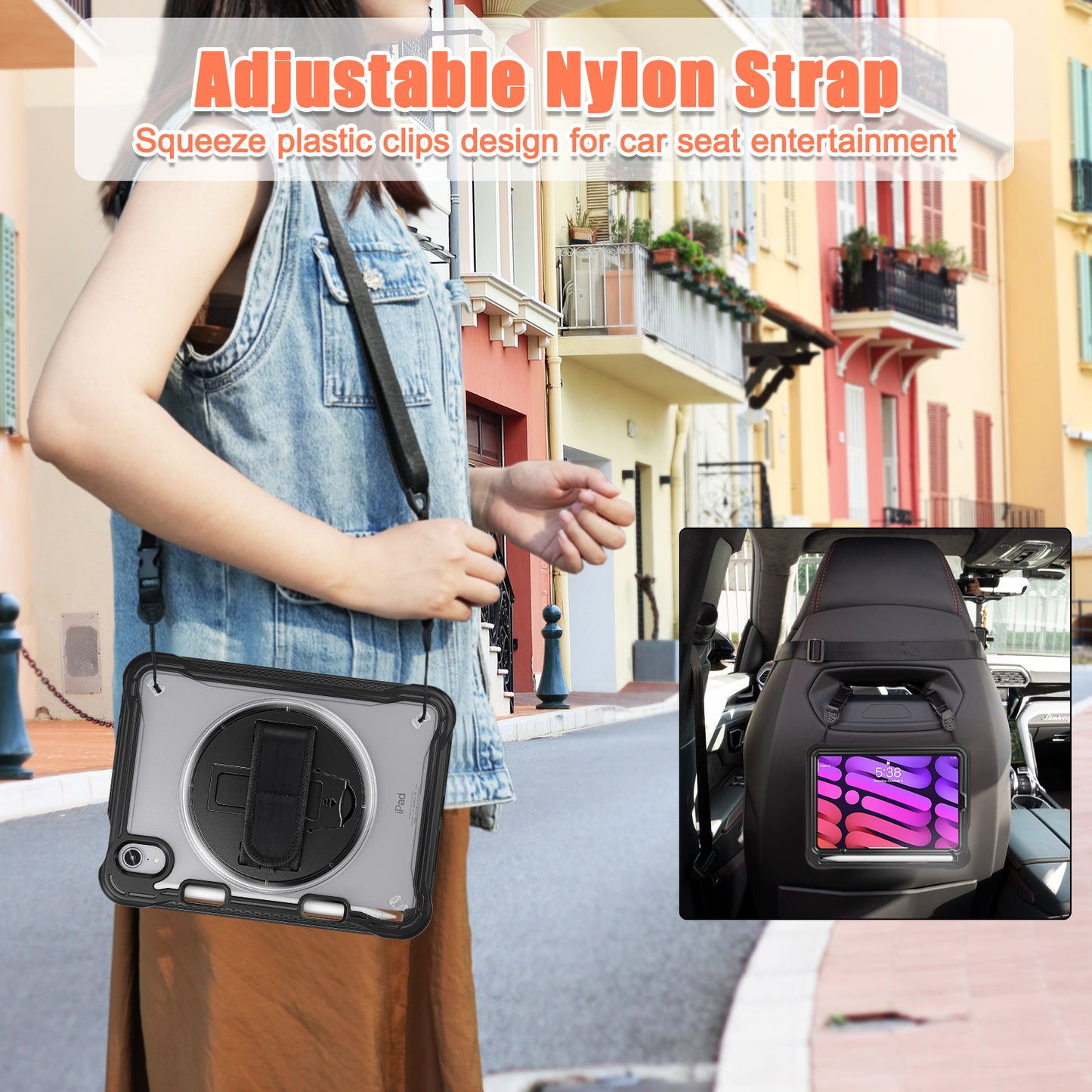 For iPad mini (2021) Tablet Case PC+TPU Kickstand Cover with Shoulder Strap / Hand Strap