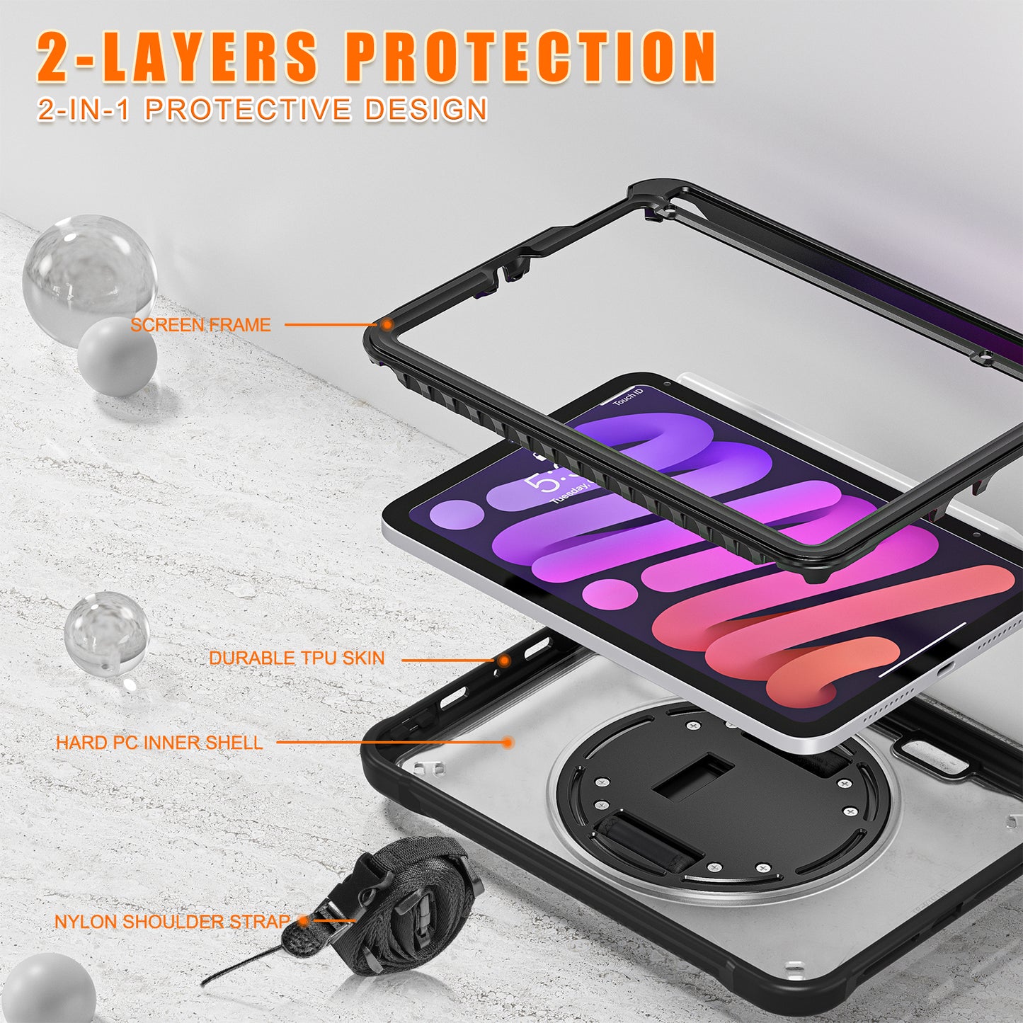 For iPad mini (2021) Tablet Case PC+TPU Kickstand Cover with Shoulder Strap / Hand Strap
