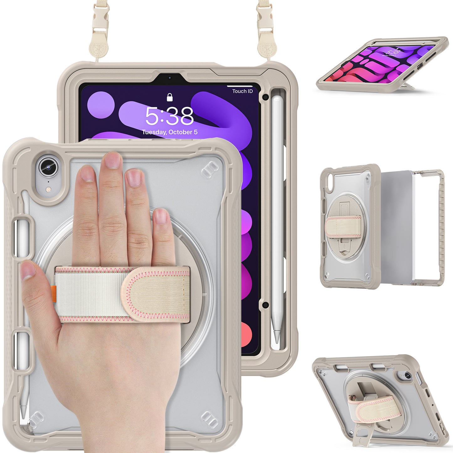 For iPad mini (2021) Tablet Case PC+TPU Kickstand Cover with Shoulder Strap / Hand Strap