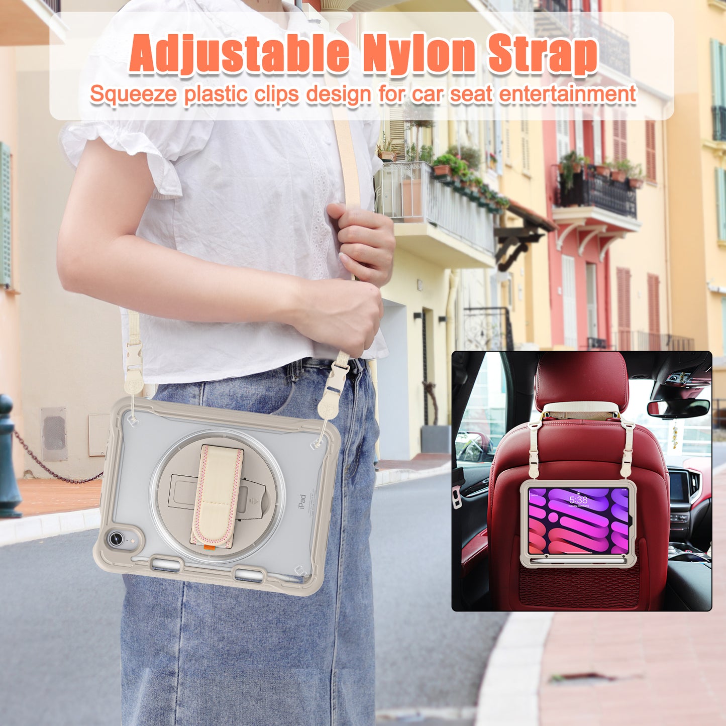 For iPad mini (2021) Tablet Case PC+TPU Kickstand Cover with Shoulder Strap / Hand Strap