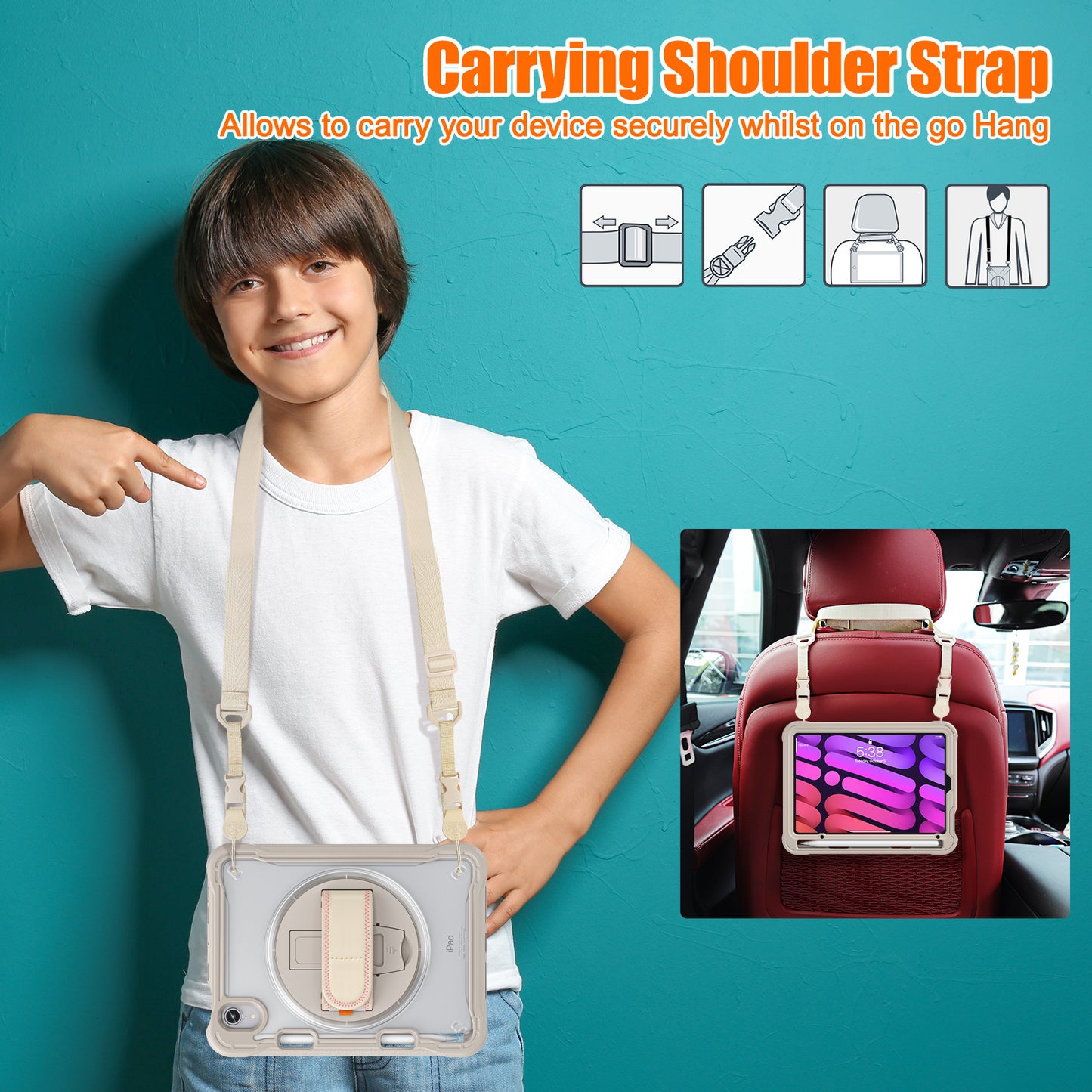 For iPad mini (2021) Tablet Case PC+TPU Kickstand Cover with Shoulder Strap / Hand Strap