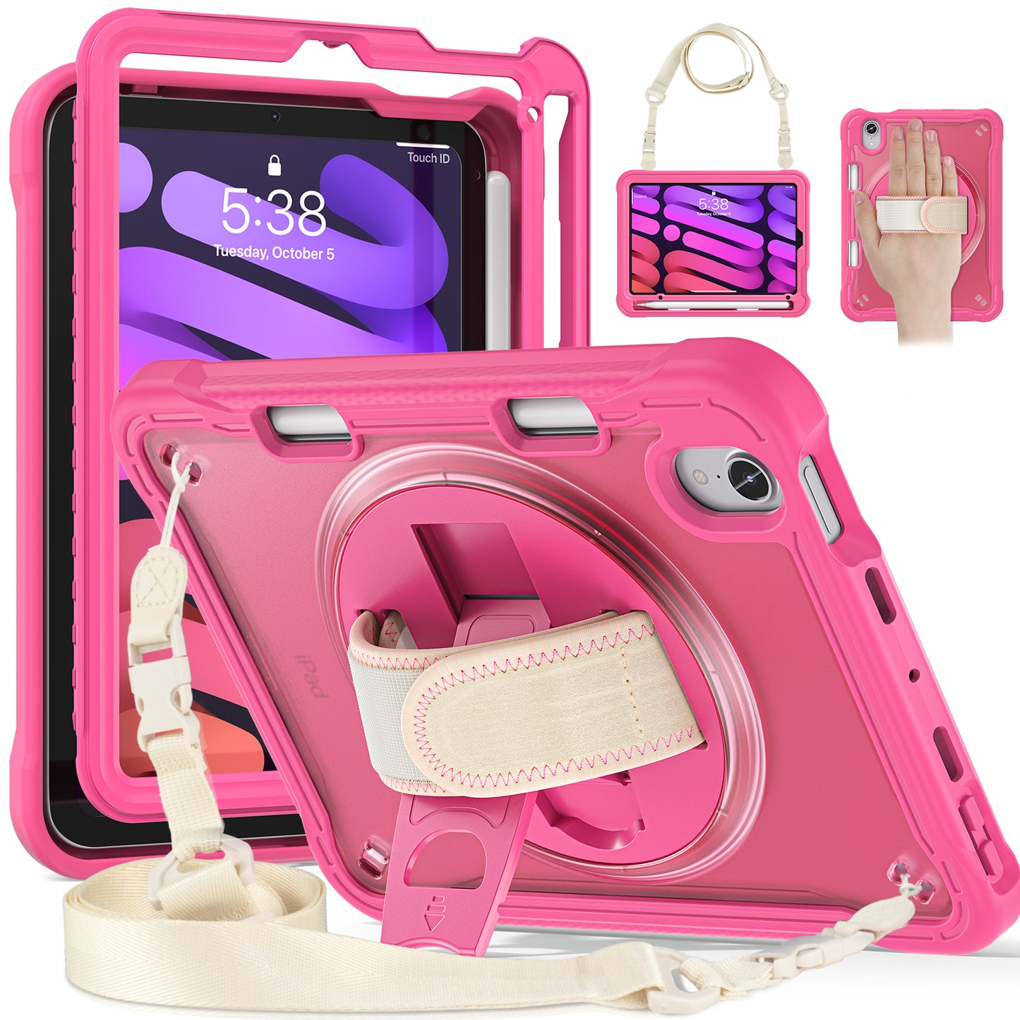 For iPad mini (2021) Tablet Case PC+TPU Kickstand Cover with Shoulder Strap / Hand Strap