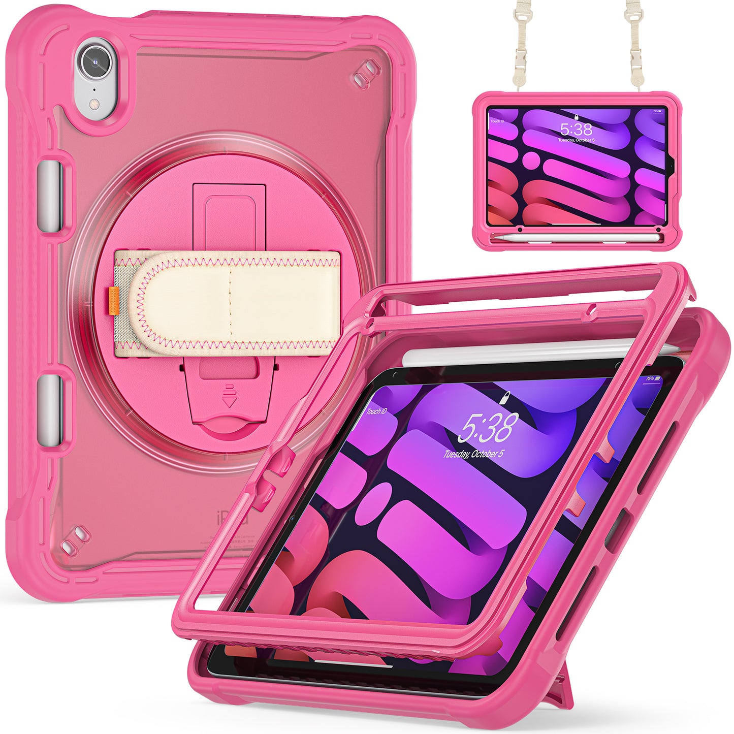 For iPad mini (2021) Tablet Case PC+TPU Kickstand Cover with Shoulder Strap / Hand Strap