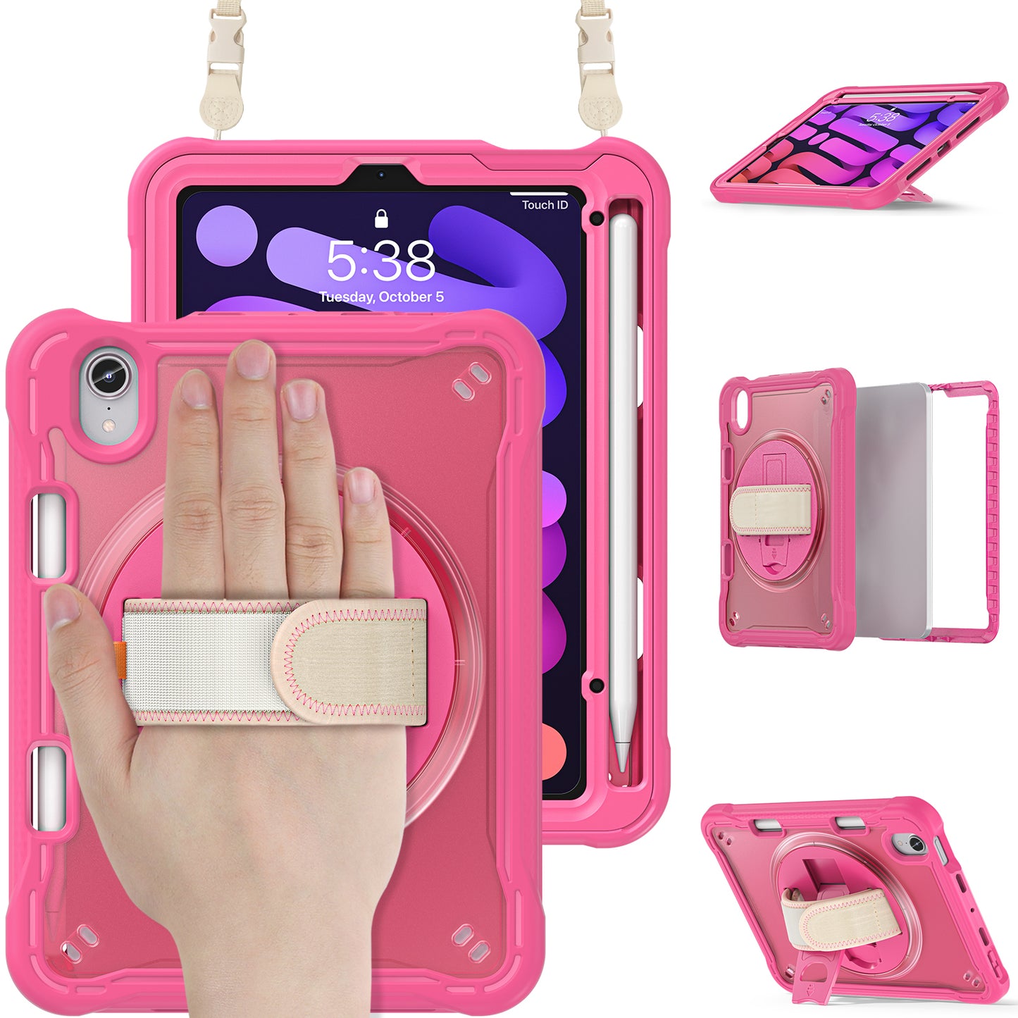 For iPad mini (2021) Tablet Case PC+TPU Kickstand Cover with Shoulder Strap / Hand Strap