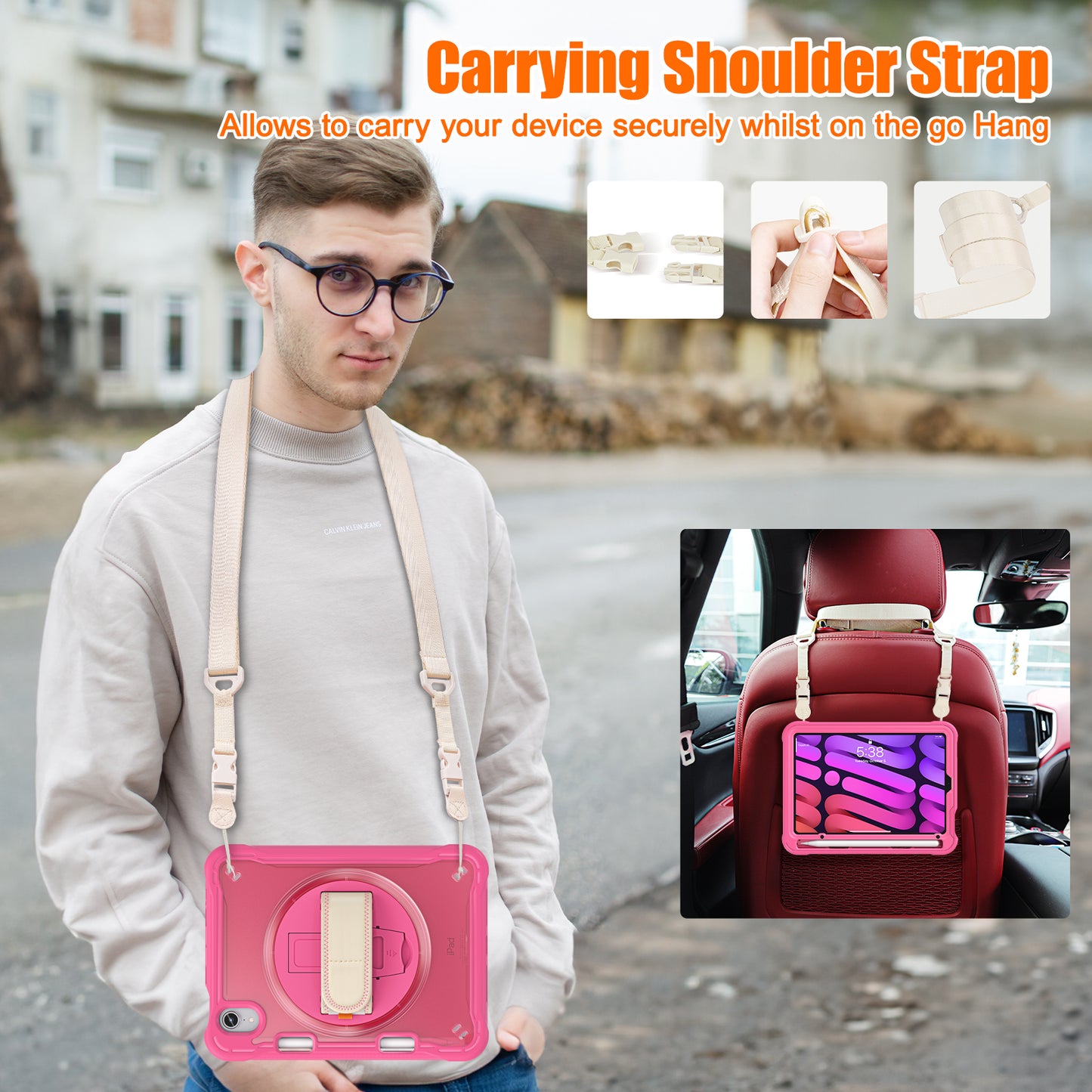 For iPad mini (2021) Tablet Case PC+TPU Kickstand Cover with Shoulder Strap / Hand Strap