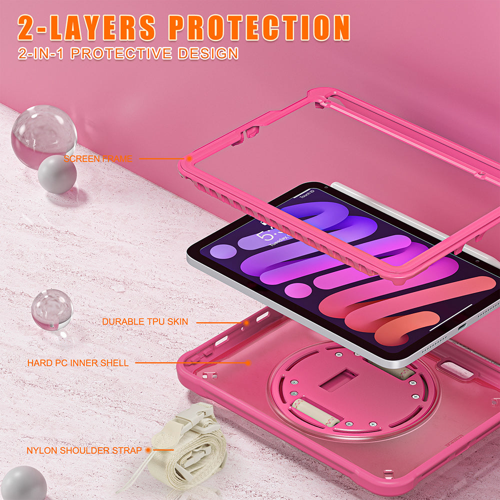 For iPad mini (2021) Tablet Case PC+TPU Kickstand Cover with Shoulder Strap / Hand Strap