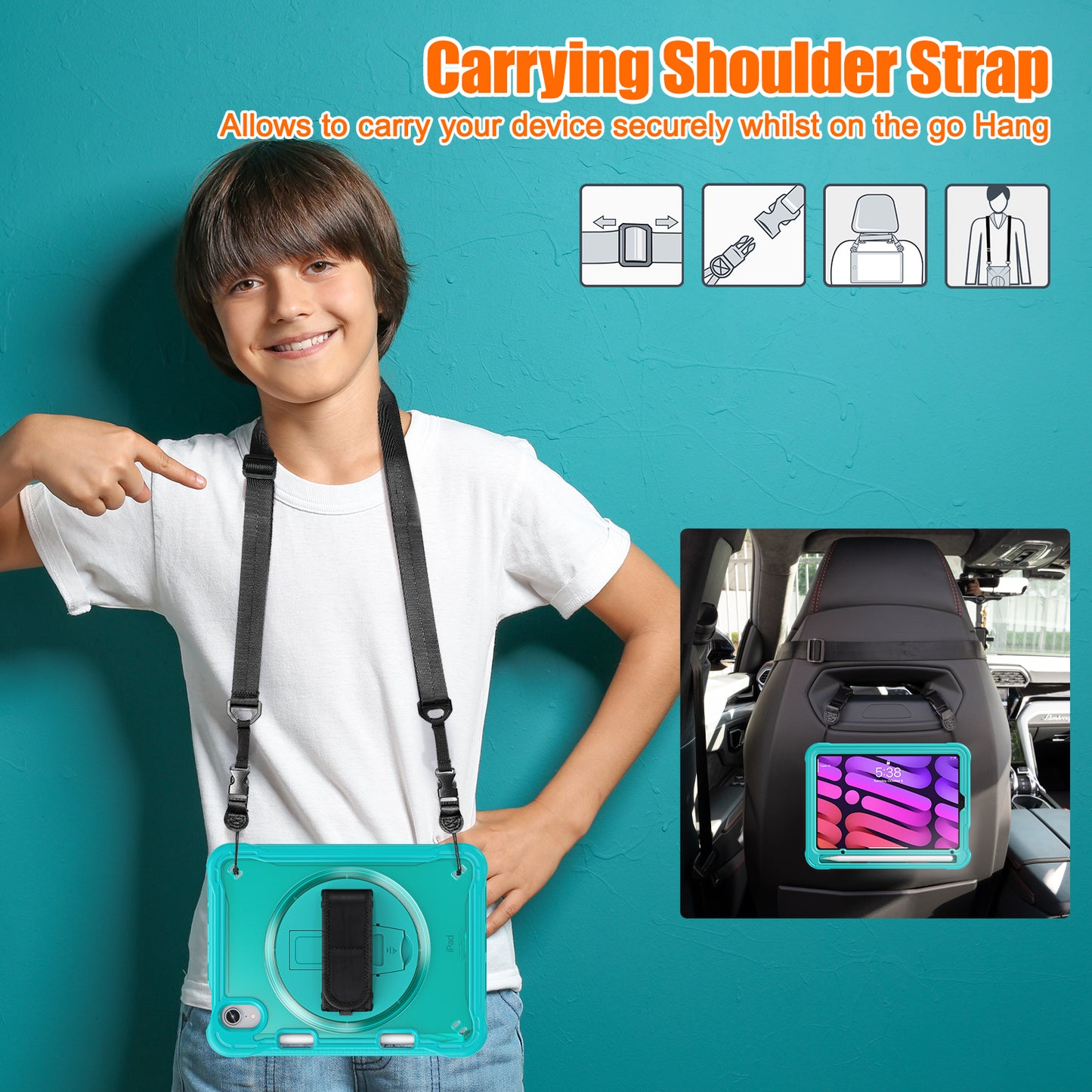 For iPad mini (2021) Tablet Case PC+TPU Kickstand Cover with Shoulder Strap / Hand Strap
