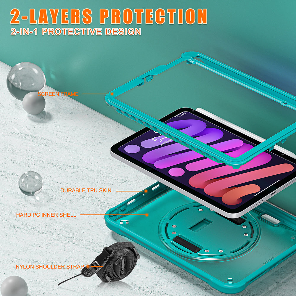 For iPad mini (2021) Tablet Case PC+TPU Kickstand Cover with Shoulder Strap / Hand Strap