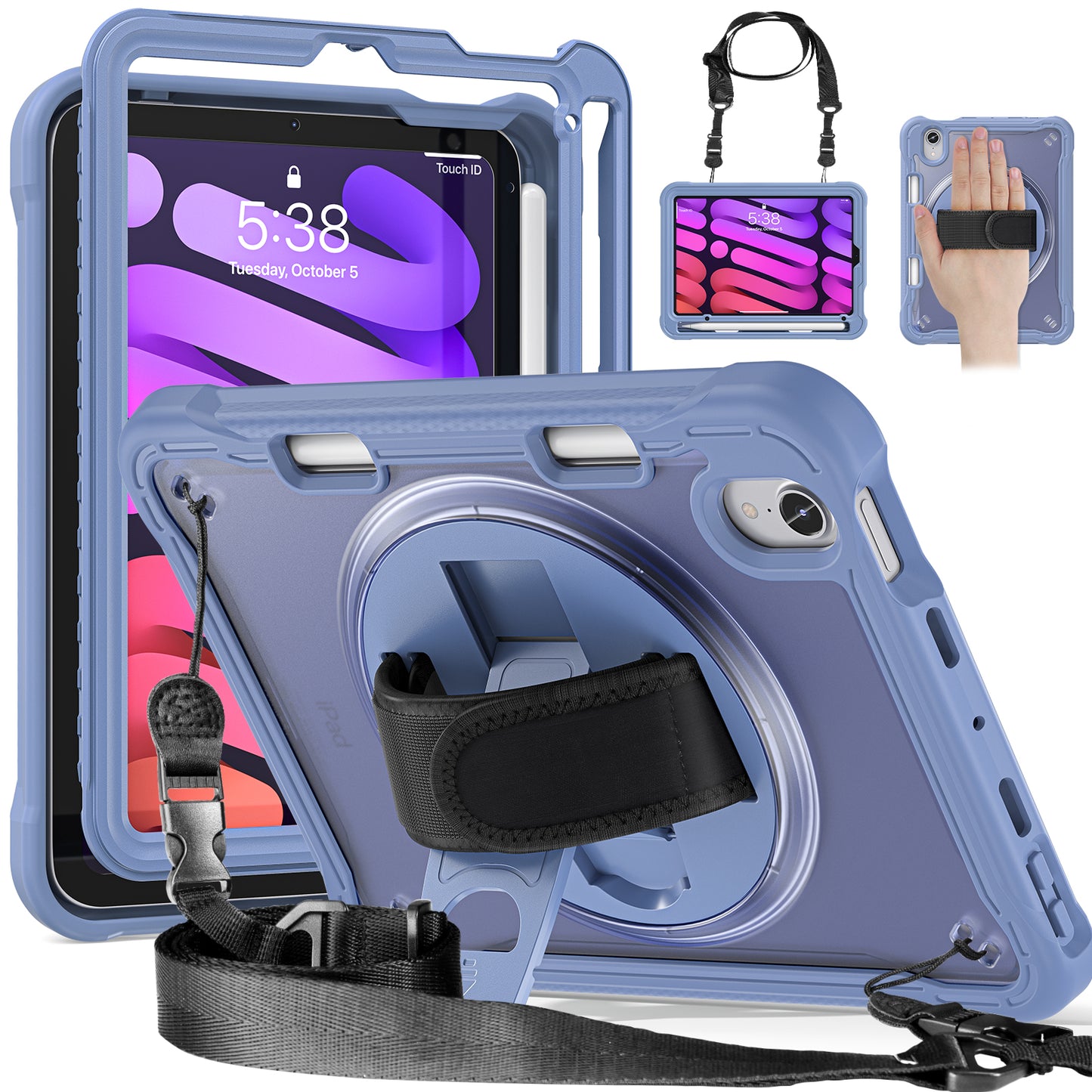 For iPad mini (2021) Tablet Case PC+TPU Kickstand Cover with Shoulder Strap / Hand Strap