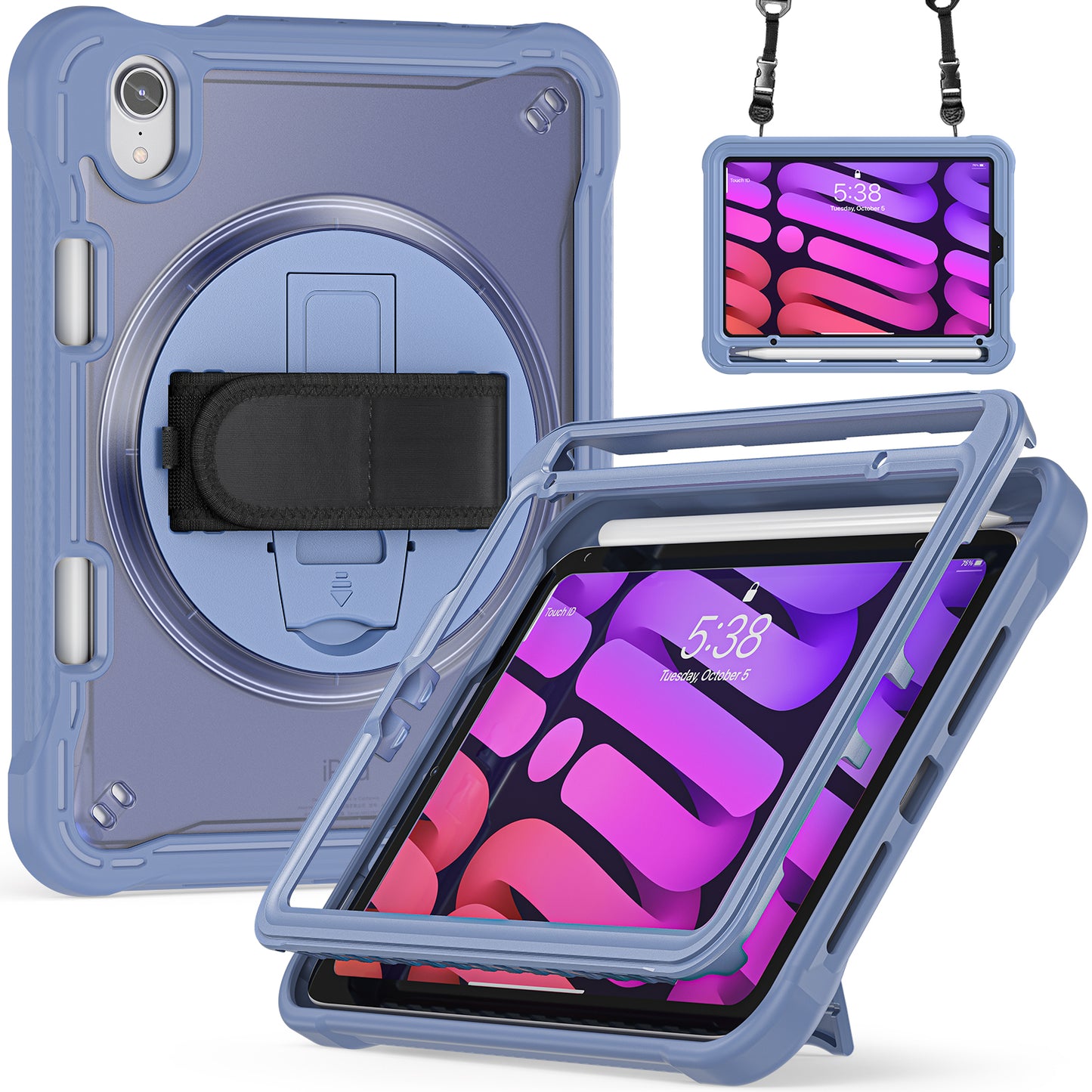 For iPad mini (2021) Tablet Case PC+TPU Kickstand Cover with Shoulder Strap / Hand Strap