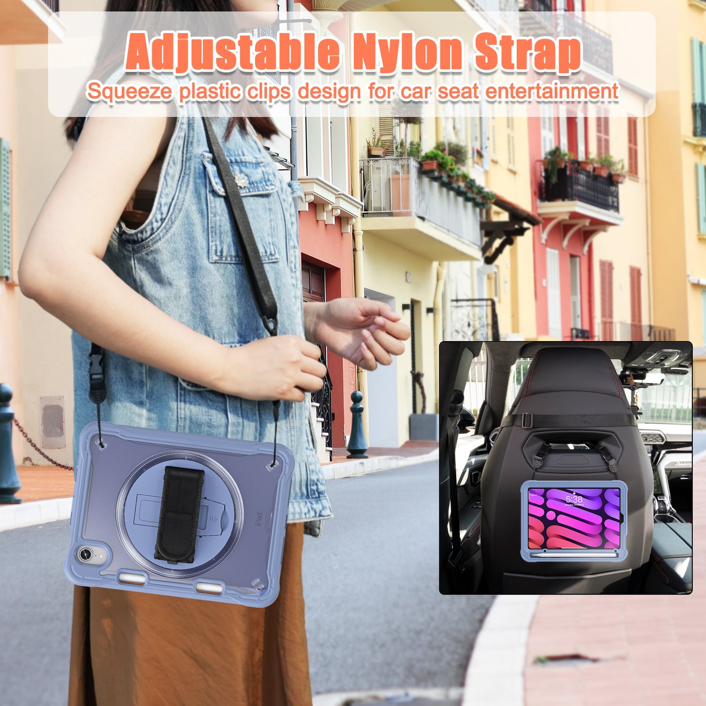 For iPad mini (2021) Tablet Case PC+TPU Kickstand Cover with Shoulder Strap / Hand Strap
